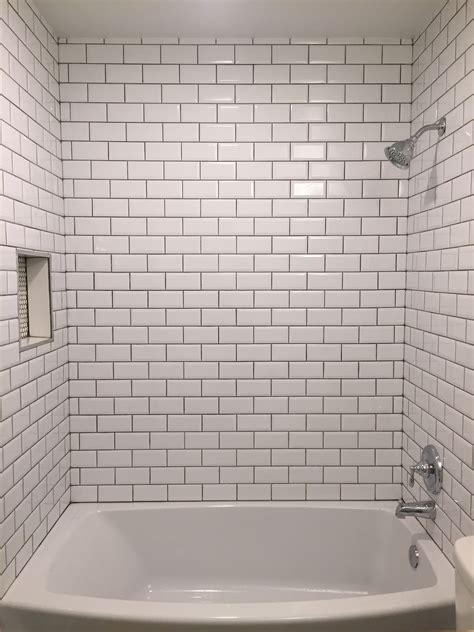 Beveled bright white subway tile with Mapei grey grout | White beveled ...