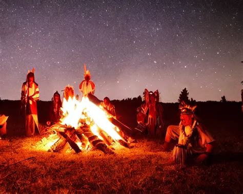 native american indian pow wow at campfire under | Stable Diffusion