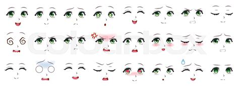 Manga expression. Anime girl facial expressions. Eyes, mouth and nose ...