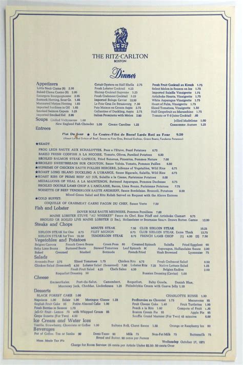 1971 Original Vintage Restaurant Menu THE RITZ CARLTON BOSTON ...