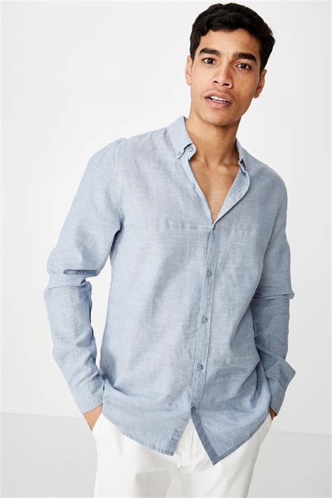 Premium linen cotton long sleeve shirt - mid blue white Cotton On ...