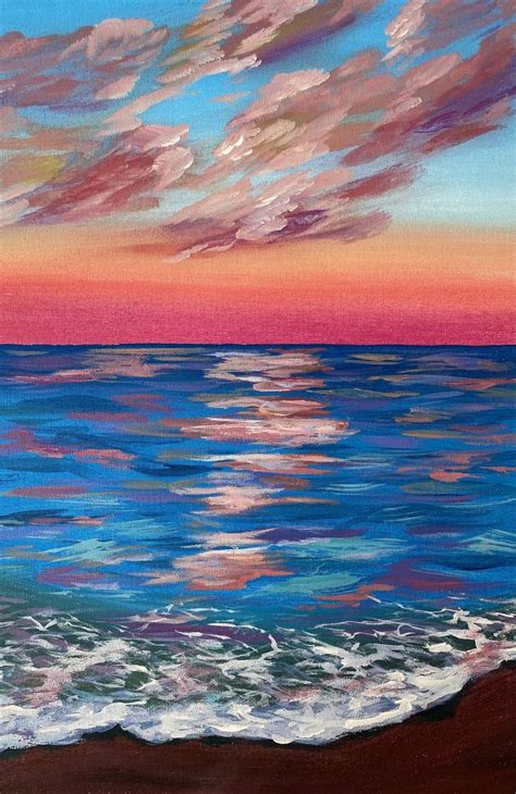 Pink Sunset Ocean Colorful View Small Painting Acrylic Canvas Painting ...