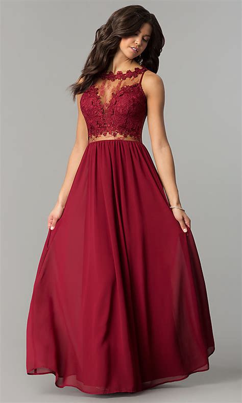 Long Lace-Bodice Wine Red Prom Dress - PromGirl