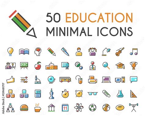 Set of 50 Minimalistic Solid Line Coloured Education Icons . Isolated ...