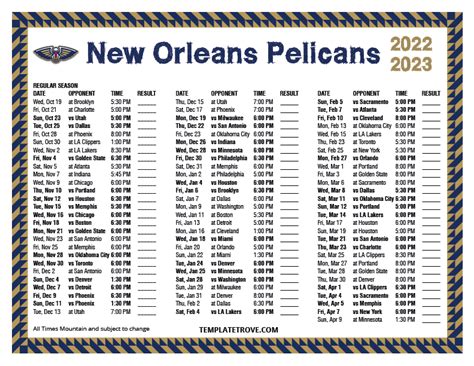 Printable 2022-2023 New Orleans Pelicans Schedule