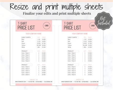 Tshirt PRICE LIST Template Editable. Printable Price Sheet, Price Guide ...