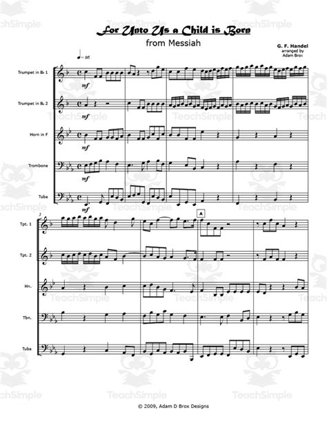 Brass Quintet Sheet Music: "For Unto Us a Child is Born" by Teach Simple