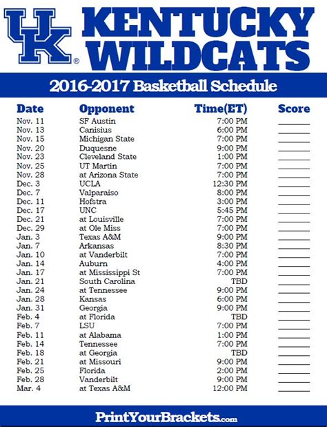 Uk Basketball Schedule Printable