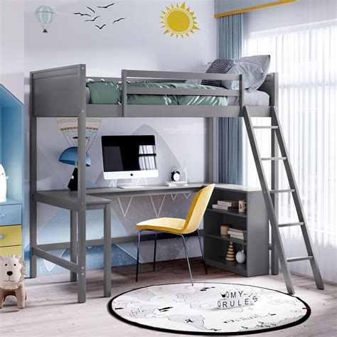 Buy Twin Size Loft Bed with 3 Storage Shelves and Built-in Desk, Wooden ...