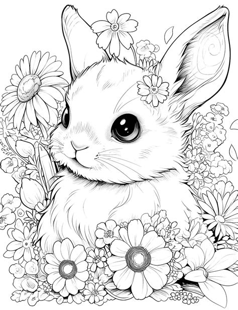 Realistic bunny and flowers coloring page | Bunny coloring pages ...