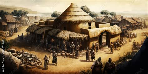 Neolithic village with houses made out of mud and straw. The new stone ...