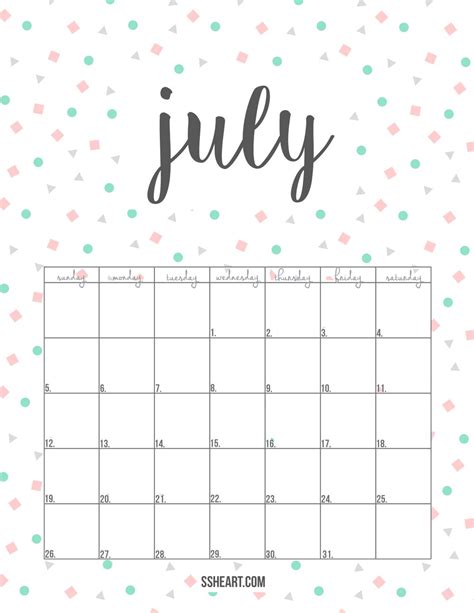 PRINTABLE JULY CALENDAR — SSHEART | July calendar, Blank calendar ...