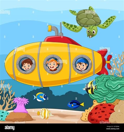 Cartoon happy kids in submarine underwater journey Stock Vector Image ...