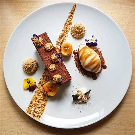 Chocolate ganache cake•toffee cream•caramelized banana•toffee/granola ...