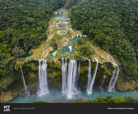 Aerial of the Tamul waterfalls, Huasteca Potosi, San Luis Potosi ...