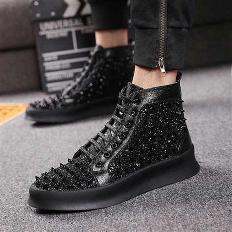 Black Glitter Bling Bling Spikes Lace Up High Top Mens Sneakers Shoes