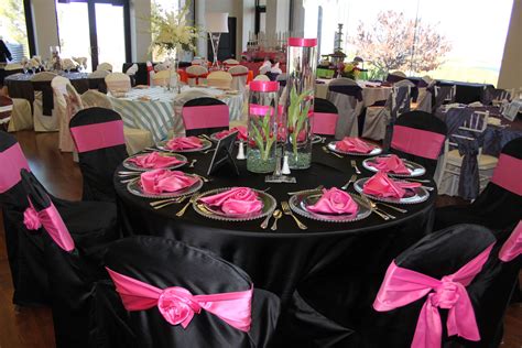 pink table setup for parties | Pink & Black table setup. | Graduation ...