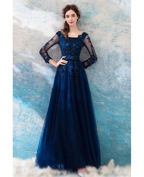 Dark Navy Blue Beaded Lace Long Prom Dress Tulle With Long Sleeves ...