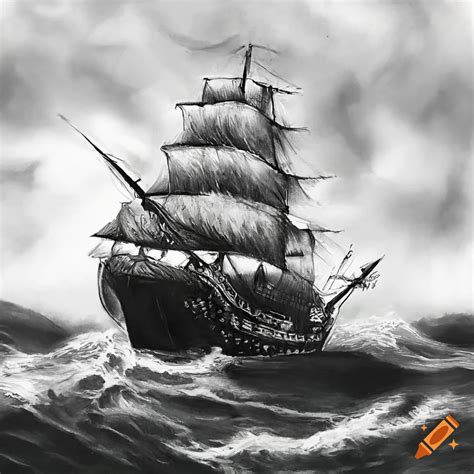 Realistic pencil sketch of a pirate ship on stormy sea on Craiyon