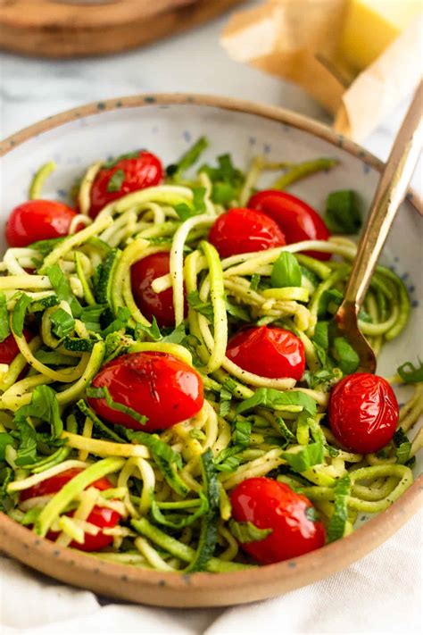 Zucchini Noodles with Blistered Tomatoes & Basil - Eat the Gains