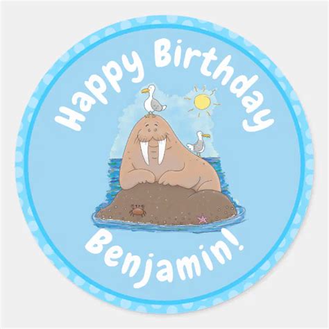 Funny happy walrus cartoon illustration classic round sticker | Zazzle