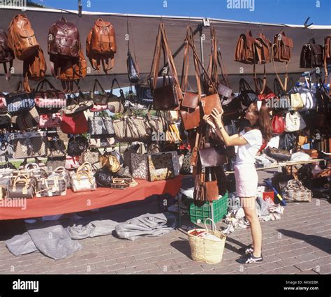 Sunday market scene in Old Town Alcudia North East Mallorca Balearic ...