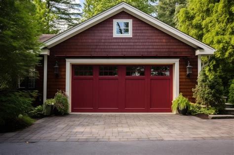 Premium AI Image | Red garage door with a driveway in front