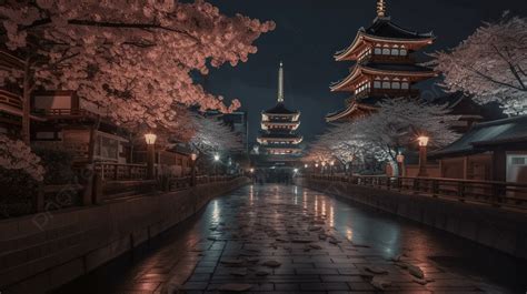 Night Scene Of Kyoto With Cherry Blossom Trees Background, Cherry ...