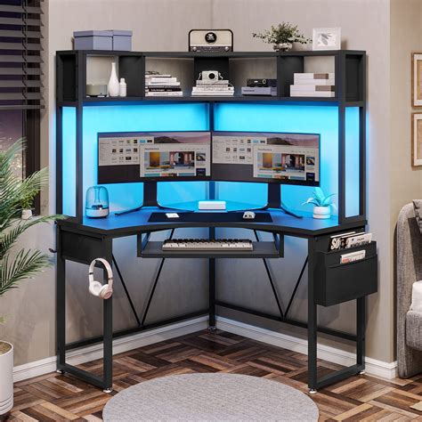 SEDETA Corner Desk, Small Computer Desk with Hutch & LED Lights ...