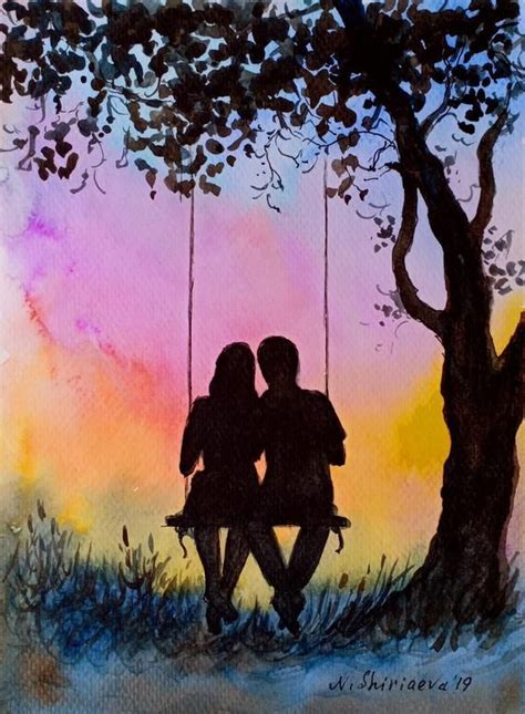 ACEO Watercolor Couple Original Painting Small Mini Art Swinging Love ...