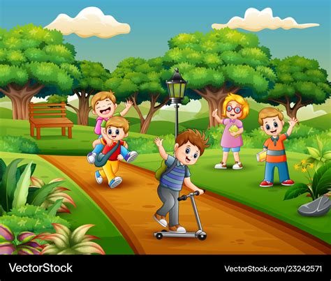 Cartoon group of children playing in the park Vector Image