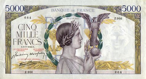 Currency of France 5000 French Francs Victory banknote of 1942, Banque ...