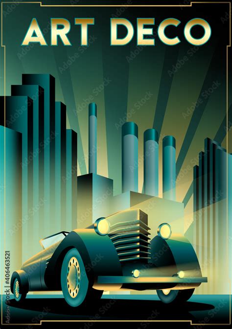 Retro car poster with art deco style. Handmade drawing vector ...