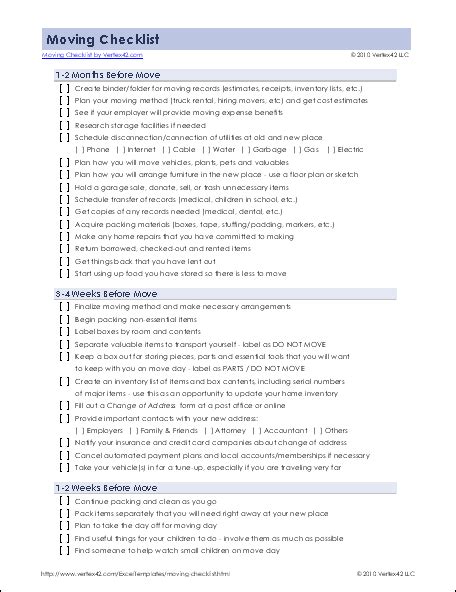 Detailed Moving Checklist - Printable Moving Checklist for Excel