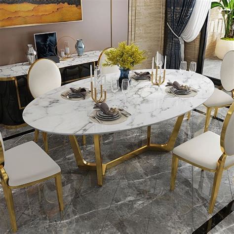 Oval Dining Table White Faux Marble Dining Table Modern 63" Dining ...