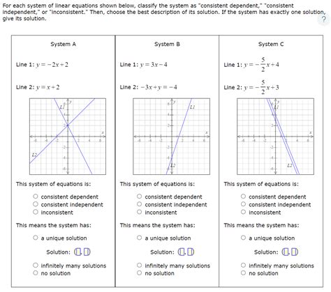 [Solved] . For each system of linear equations shown below, classify ...