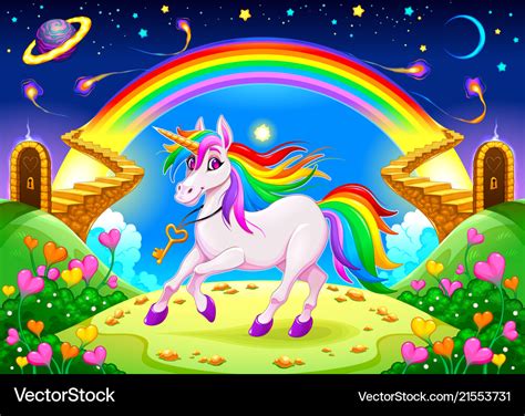 Rainbow unicorn in a fantasy landscape Royalty Free Vector