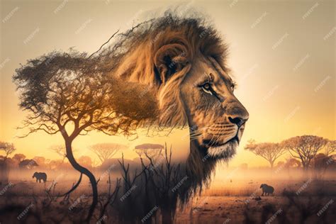 Premium Photo | Lion and the African savannah double exposure Generative AI