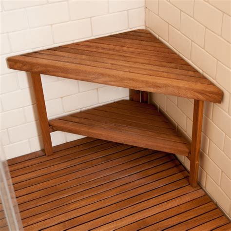 Teakworks4u Deluxe Teak Corner Shower Bench with Optional Shelf ...