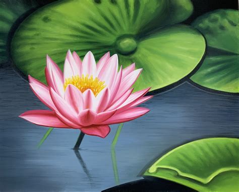 Single Pink Lotus in Lily Pond painting | Balikarma Online Shop