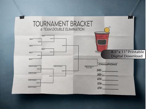 6 Team Double Elimination Beer Pong Tournament Bracket, Instant Digital ...