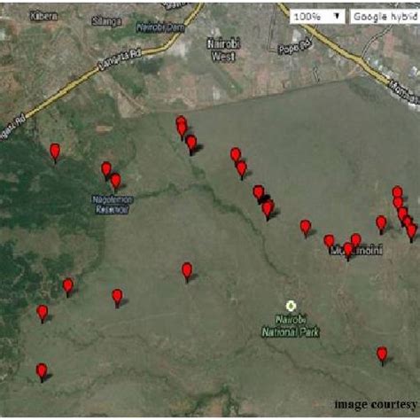 Map of Nairobi National Park showing sample collection points ...