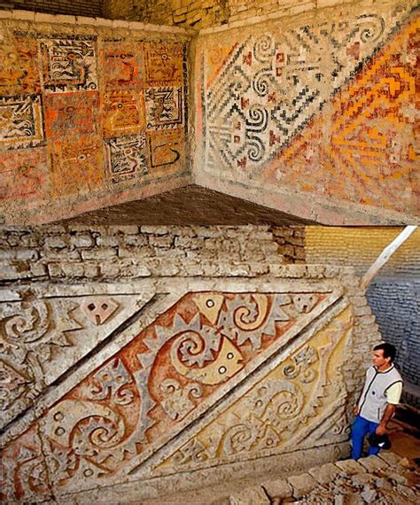 Colorful murals in high relief at the Huaca Cao Viejo, which is a ...