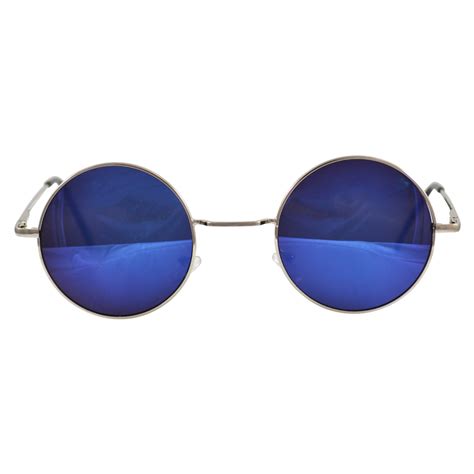 Round Peace Sunglasses: Bright Blue Semi-Mirrored in Silver