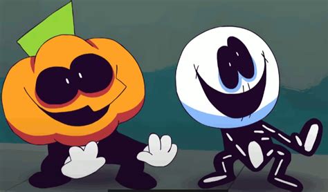 two cartoon characters one with an orange and the other as a jack - o ...