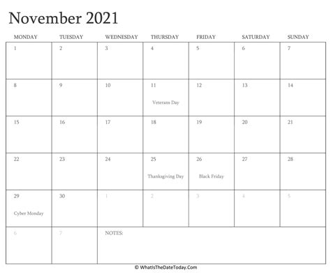 Editable Calendar November 2021 with Holidays | Whatisthedatetoday.Com