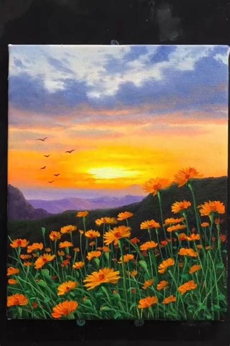 Sunset Sun Flower Acrylic Painting [Video] | Landscape paintings ...