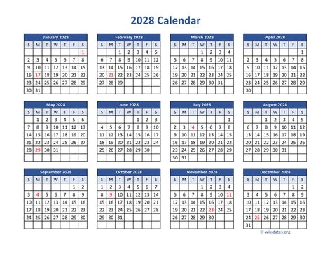 2028 Calendar in PDF | WikiDates.org