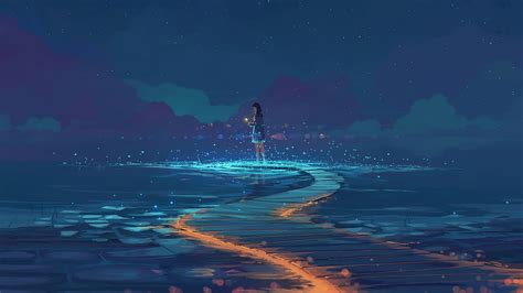 anime, 2D, artwork, moescape, landscape, digital art, night, sky ...