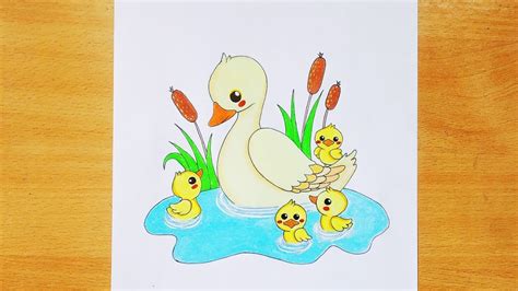 How to draw mother duck and it's four ducklings — For kids || Step by ...